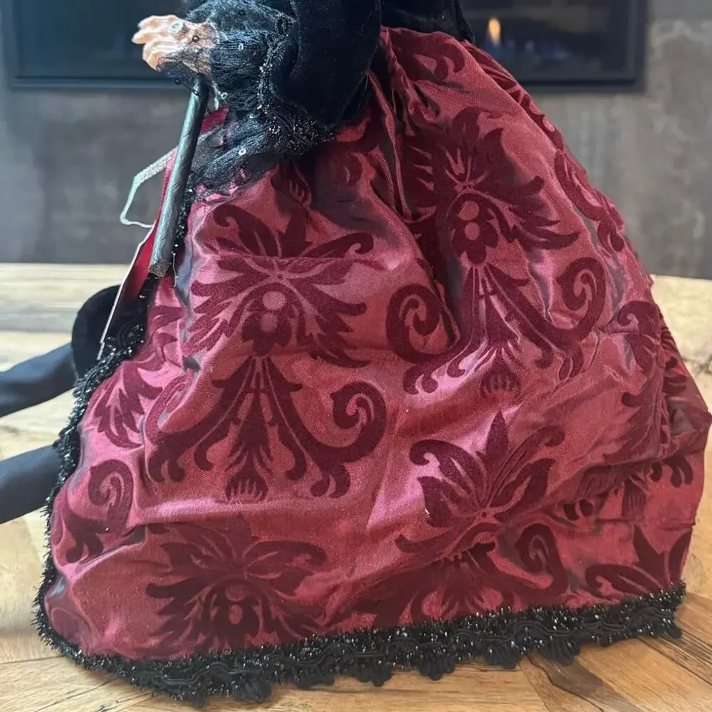 Bella Lux 24” Halloween Witch Doll Shelf Sitter Matilda Burgundy Brocade Broom